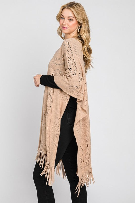 Women's Long Knit Poncho with Paisley Pattern