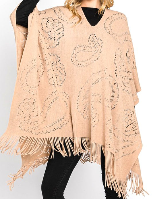 Women's Long Knit Poncho with Paisley Pattern