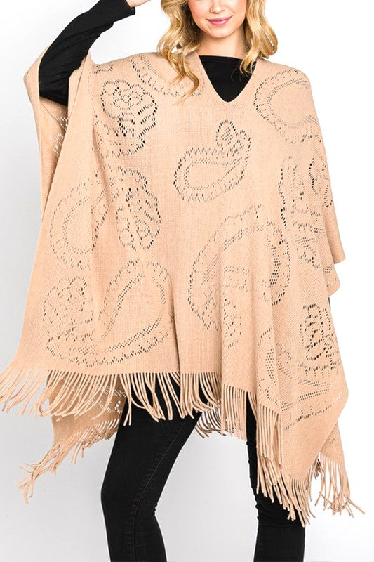 Women's Long Knit Poncho with Paisley Pattern