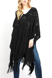 Women's Long Knit Poncho with Paisley Pattern