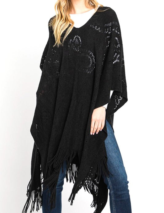 Women's Long Knit Poncho with Paisley Pattern