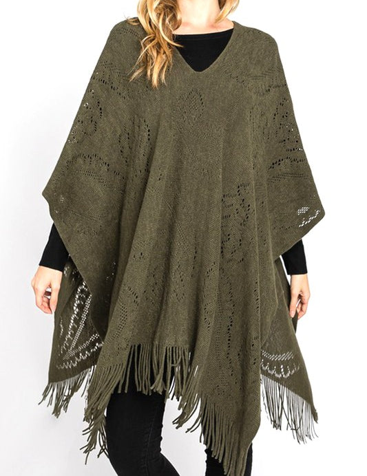 Women's Long Knit Poncho with Paisley Pattern