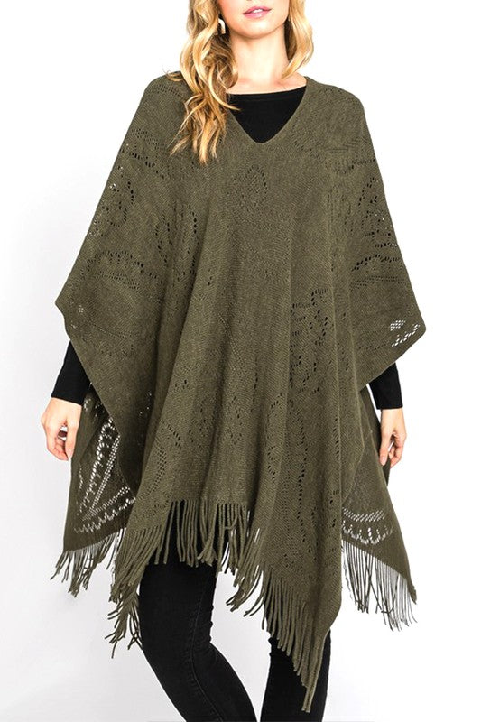 Women's Long Knit Poncho with Paisley Pattern