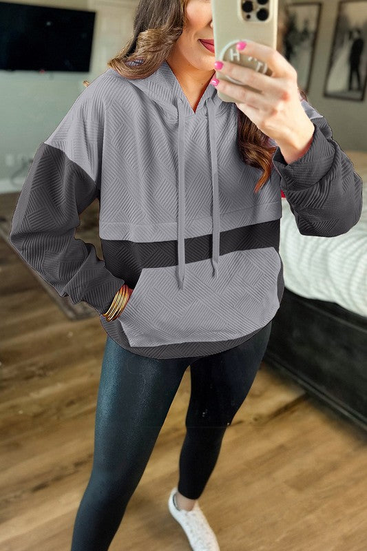 Women's Color Block Drop Shoulder Hoodie with Kangaroo Pockets