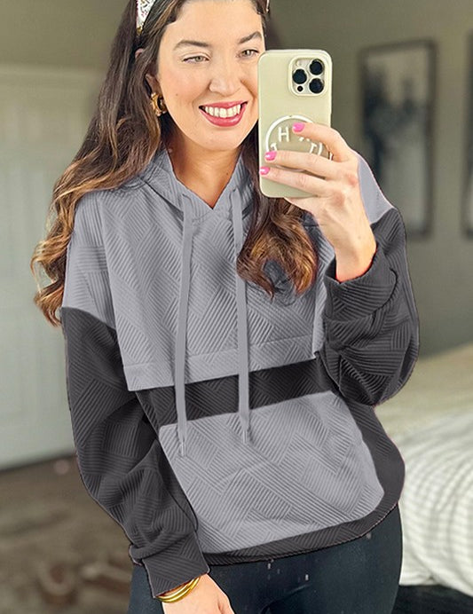 Women's Color Block Drop Shoulder Hoodie with Kangaroo Pockets