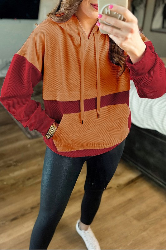 Women's Color Block Drop Shoulder Hoodie with Kangaroo Pockets