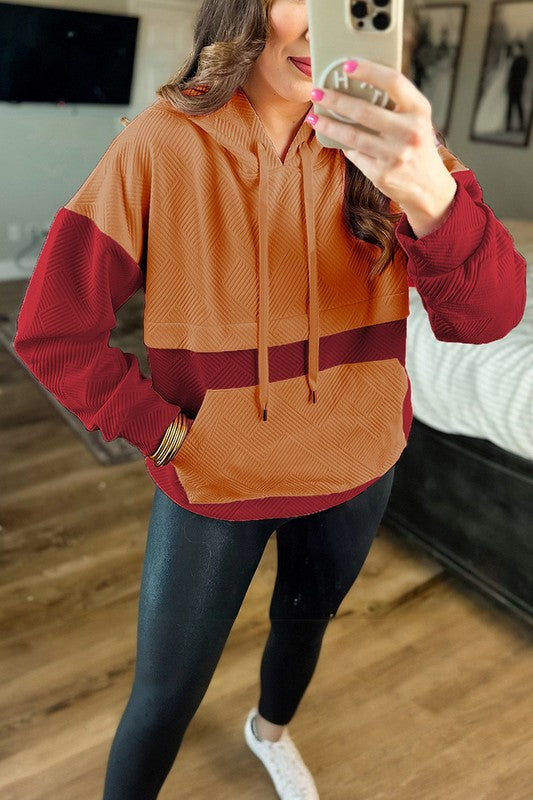 Women's Color Block Drop Shoulder Hoodie with Kangaroo Pockets