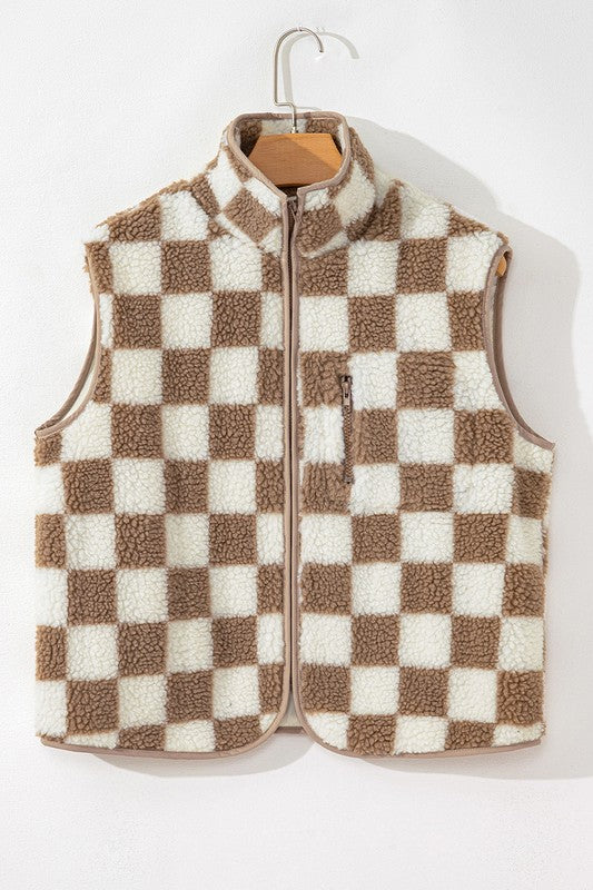 Women's Chic Checkered Sherpa Collared Jacket Vest