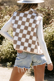 Women's Chic Checkered Sherpa Collared Jacket Vest