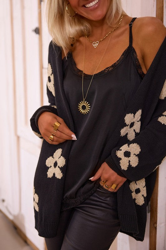 Women's Floral Knit Open Front Cardigan