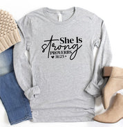 Women's Long Sleeve Graphic Tee with Proverbs 31:25