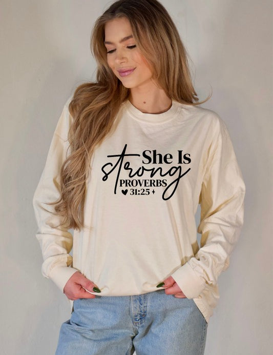 Women's Long Sleeve Graphic Tee - Proverbs 31:25