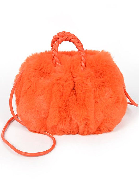 Braided Handle Faux Fur Plushy Bag