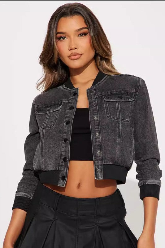 Women's Short Denim Jacket with Snap Buttons