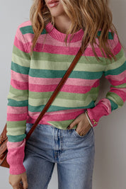 Women's Color Block Ribbed Edge Round Neck Sweater