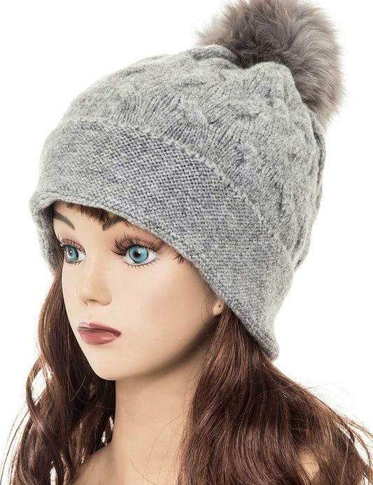 Women's Slouchy Beanie with Detachable Raccoon Fur Pom