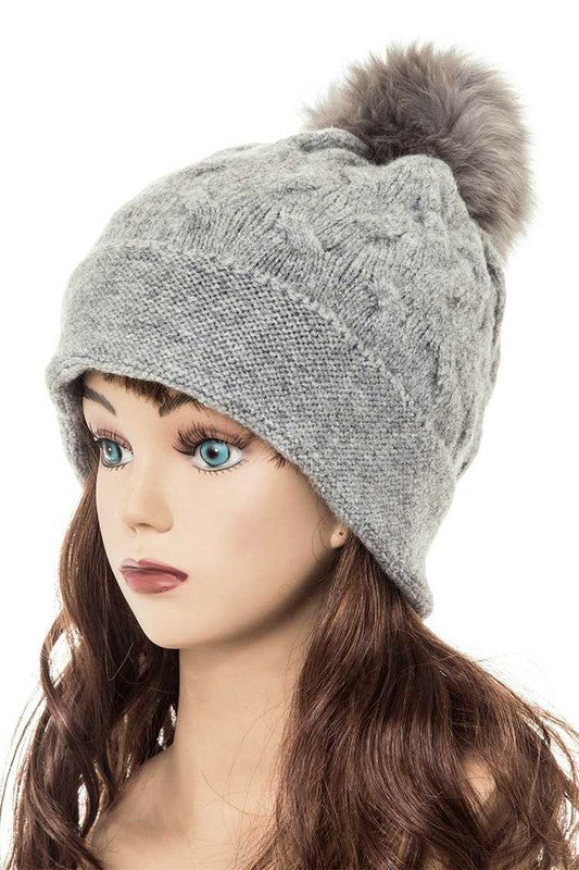 Women's Slouchy Beanie with Detachable Raccoon Fur Pom