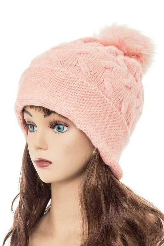 Women's Slouchy Beanie with Detachable Raccoon Fur Pom