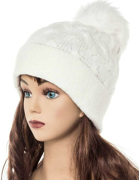 Women's Slouchy Beanie with Detachable Raccoon Fur Pom