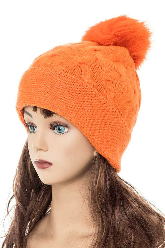 Women's Slouchy Beanie with Detachable Raccoon Fur Pom