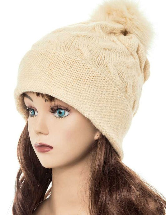 Women's Slouchy Beanie with Detachable Raccoon Fur Pom