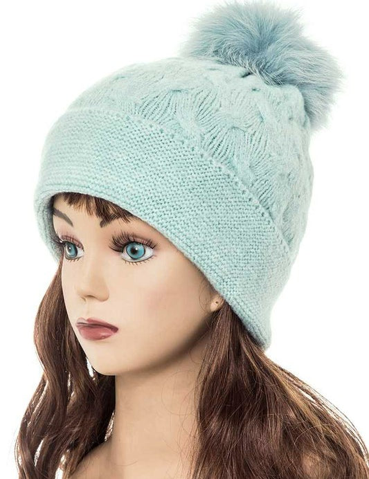 Women's Slouchy Beanie with Detachable Raccoon Fur Pom