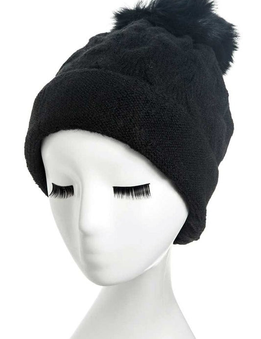 Women's Slouchy Beanie with Detachable Raccoon Fur Pom