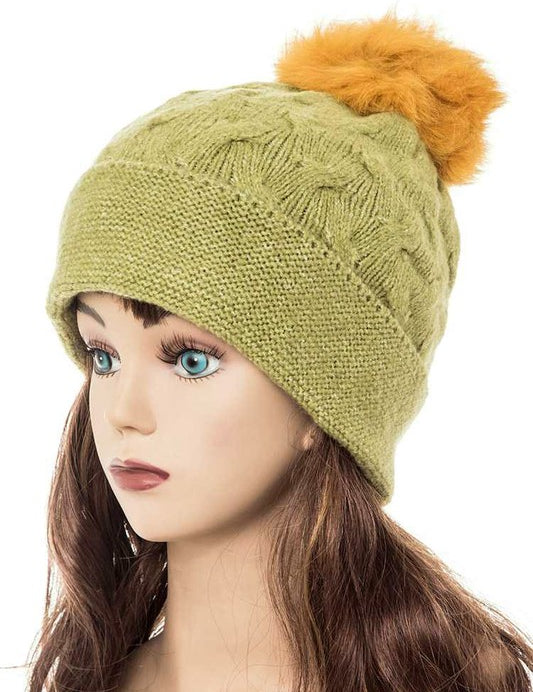 Women's Slouchy Beanie with Detachable Raccoon Fur Pom