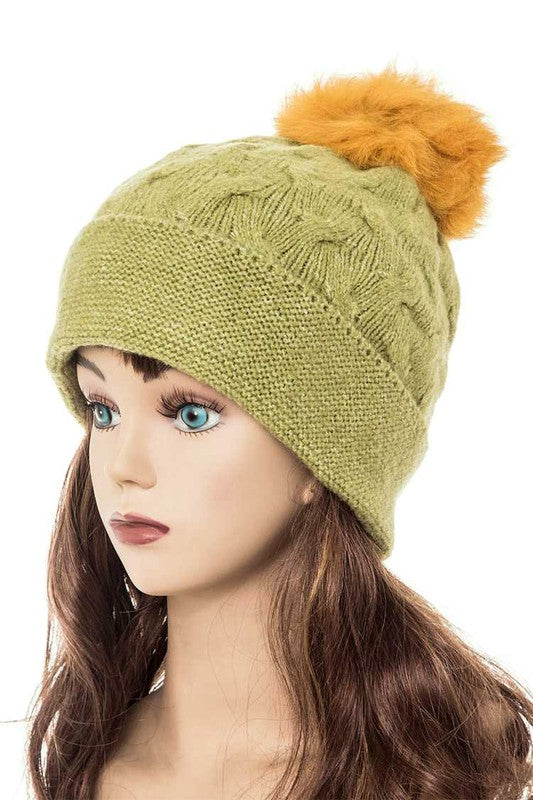 Women's Slouchy Beanie with Detachable Raccoon Fur Pom