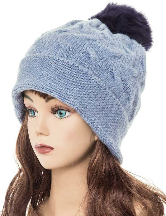 Women's Slouchy Beanie with Detachable Raccoon Fur Pom