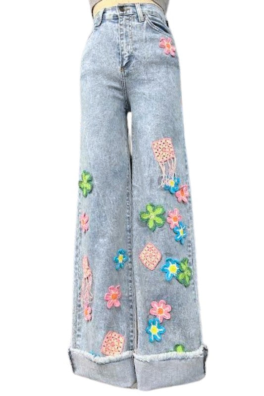 Women's High Rise Wide Leg Crochet Jeans