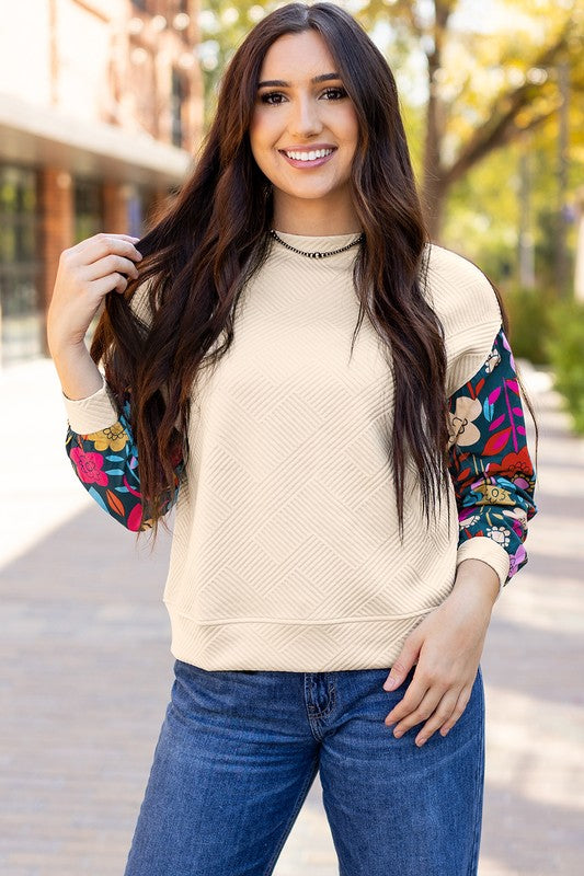 Women's Casual Textured Pullover with Floral Sleeves