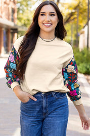 Women's Casual Textured Pullover with Floral Sleeves