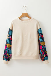 Women's Casual Textured Pullover with Floral Sleeves