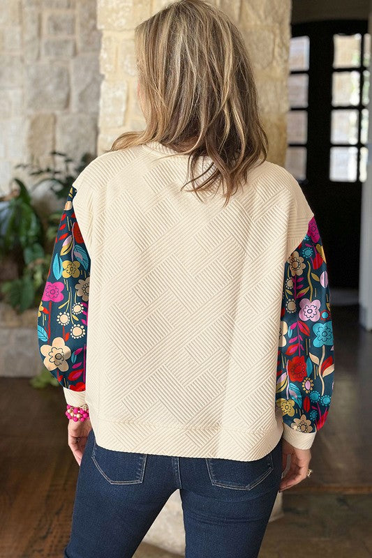 Women's Casual Textured Pullover with Floral Sleeves