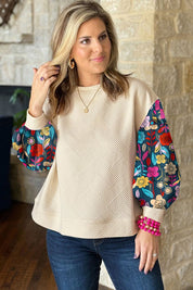 Women's Casual Textured Pullover with Floral Sleeves