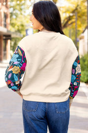 Women's Casual Textured Pullover with Floral Sleeves