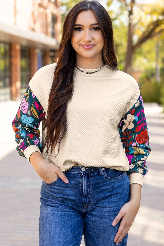 Women's Casual Textured Pullover with Floral Sleeves