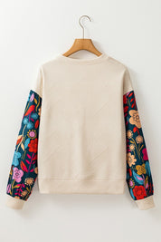 Women's Casual Textured Pullover with Floral Sleeves