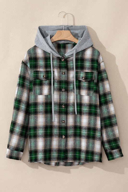 Women's Hooded Plaid Shacket with Chest Pocket