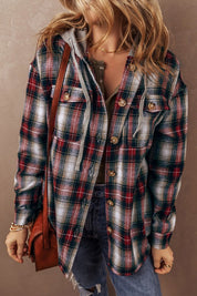 Women's Hooded Plaid Shacket with Chest Pocket