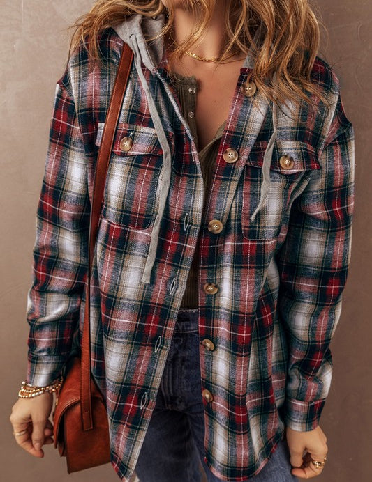 Women's Hooded Plaid Shacket with Chest Pocket