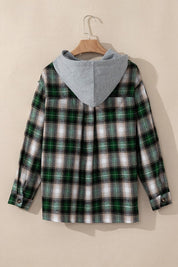 Women's Hooded Plaid Shacket with Chest Pocket