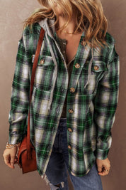 Women's Hooded Plaid Shacket with Chest Pocket