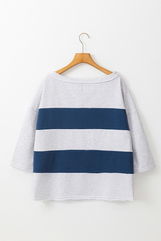 Women's Raw Seamed Striped Sweatshirt with 3/4 Sleeves