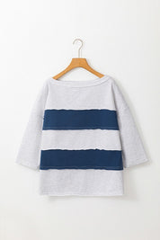 Women's Raw Seamed Striped Sweatshirt with 3/4 Sleeves