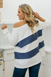 Women's Raw Seamed Striped Sweatshirt with 3/4 Sleeves