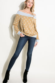 Plus Size Off Shoulder Polka Dot Long Sleeve Top