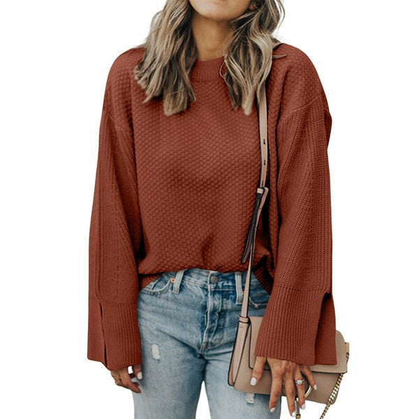 Women's Loose Fit Knit Sweater with Split Cuffs