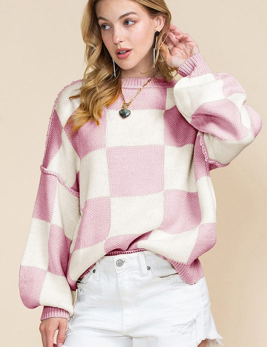 Women's Checkered Bishop Sleeve Sweater